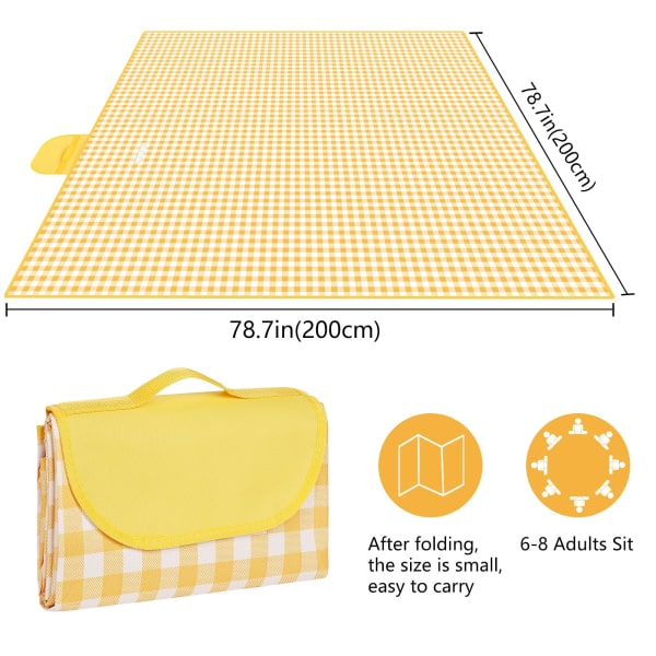 Picknickfilt Vattentät 200 x 200CM, Picknickmatta Med Bärhandtag Rem, Bärbar Hopvikbar Utomhusmatta, För Resefestival Camping- gul