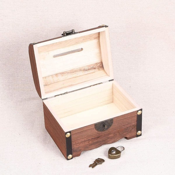 Retro træskattekiste opbevaringsboks, træskattearrangør møntboks Spargris med lås og nøgler til børn Voksne