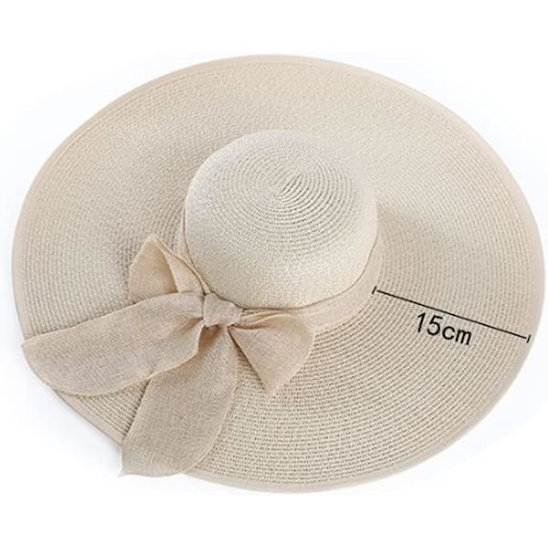 Kvinner sammenleggbar floppy bredbremmet stråsolhatt sommer strandhatt UV UPF 50+ 02Style lvory white