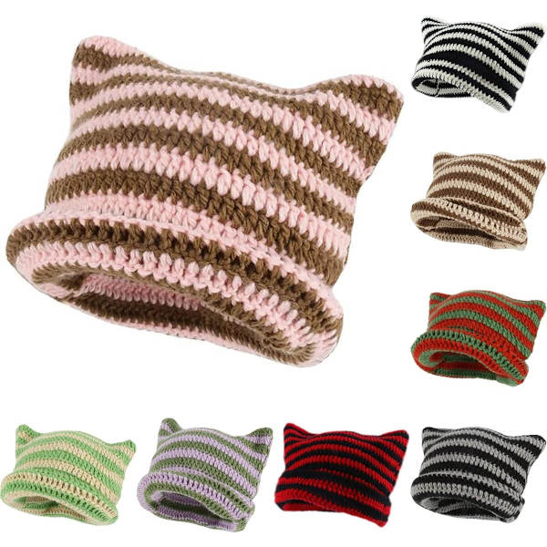 Dam Cat Beanie Stickade Hattar Med Öron Stickade Randiga Vinter Varma Slouchy Elastisk Mössa För Flickor Vuxna Barn Pink brown One size