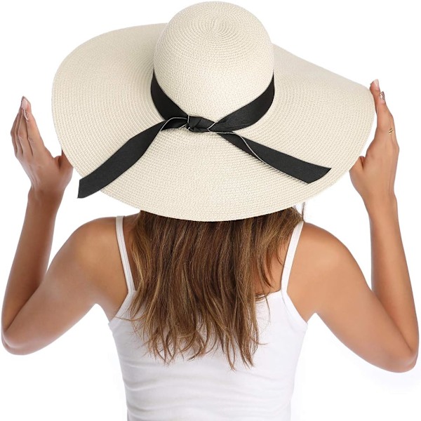 Dam bredbrättad halmhatt Floppy hopfällbar rulla upp keps strand solhatt UPF 50+ Bowknotivory White