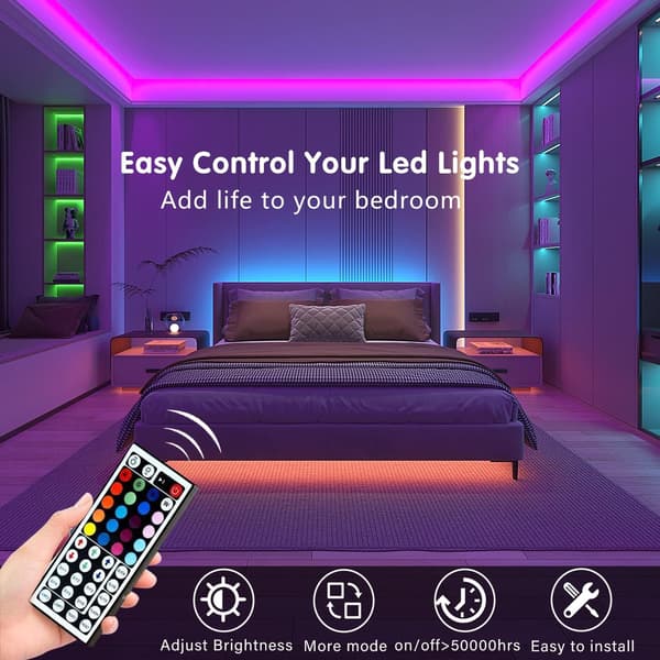 50ft LED-strips med smart synkronisering til musikk, LED-belysning for soverom, hjemmeinnredning, APP-kontroll