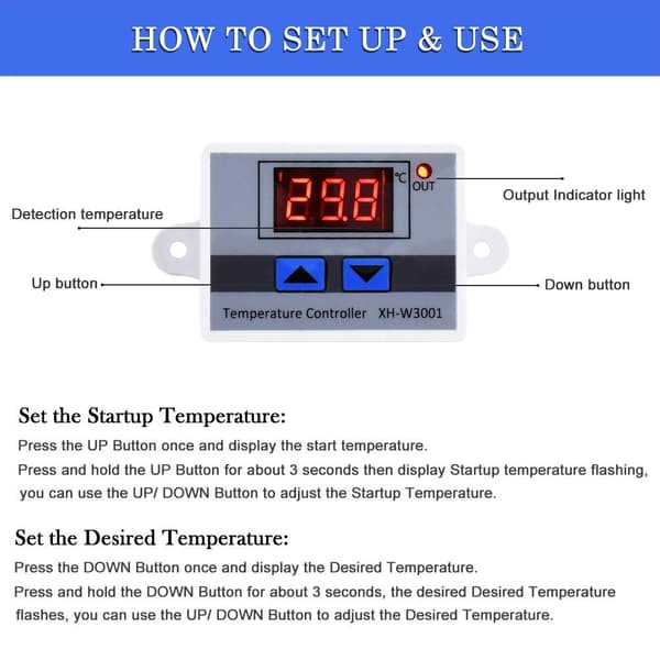 220V Digital LED Temperaturkontrollermodul, XH-W3001 Termostatbryter med Vanntett Probe, Programmerbar Varmetermostat