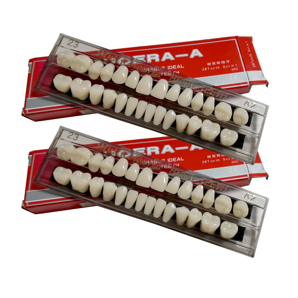 56 stk falske tenner Dental Komplett akrylharpiks protesetenner, 2 sett protesetann, for erstatning, DIY eller Halloween (23 A2)