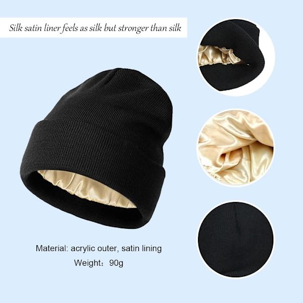 Naisten beanie-pipo, lämmin talvipipo pehmeällä satiinivuorella, löysä ja joustava neulottu pipo, suojaa hiustyylisi, hienoneuloinen pipo, tuulenpitävä reunus