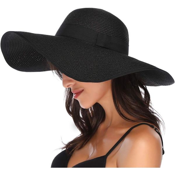 Damhatt i Halm med Bred Brätte, Vikbar, Rullbar, Strandhatt, Solhatt, UPF 50+ Style Cblack