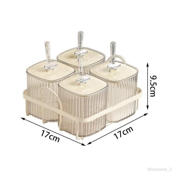Krydderipotte - 4 rum - Med ske - Moderne design - Jern og plastik