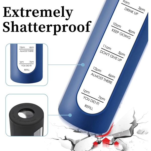Glassvannflaske med bambuslokk - 1000 ml sportsdrikkeflaske med tidsmarkør, gjenbrukbar knusesikker silikonetui-flaske for trening, treningsstudio, utendørs Dark Blue