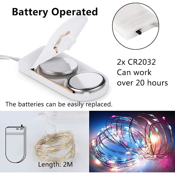 12 stk. Lysstreng, 20 LED Lys Kobbertråd Lys Batteridrevet, 2m Mikrobelysning Ildfluelampe til DIY Bryllup Fest Fødselsdag Flerfärgade