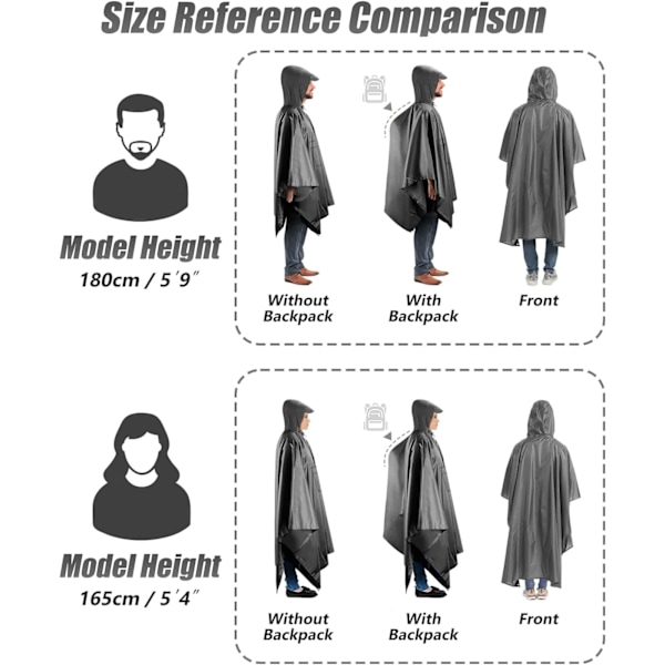 Vattentät Poncho Vuxen, Återanvändbar Regnponcho Vuxen Vattentät Poncho Vattentät Vuxen Lätt Vattentät Regnrock för Utomhus Vandring Camping C Grey L