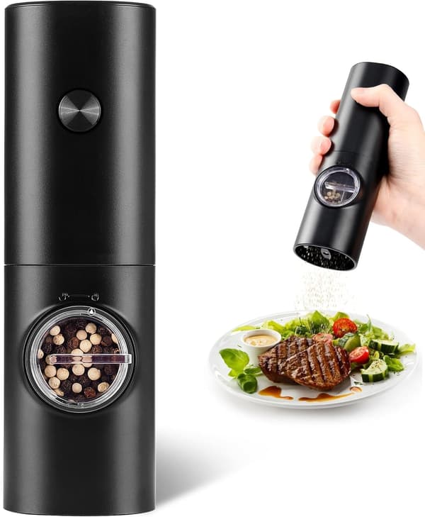 Electric Pepper Grinder or Salt Grinder, Battery Operated Automatic Pepper Mill, Refillable Salt Mill, One-Hand Operation