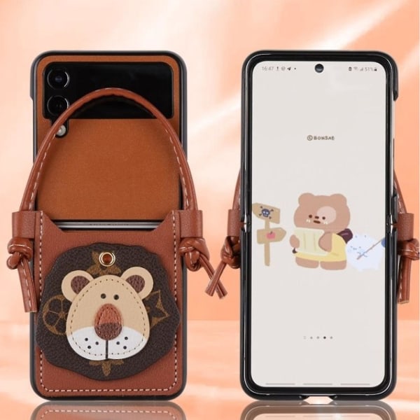 Cartoon Lion Case kompatibel med Galaxy Z Flip 3/4, Pu læder beskyttelsescover med armbånd