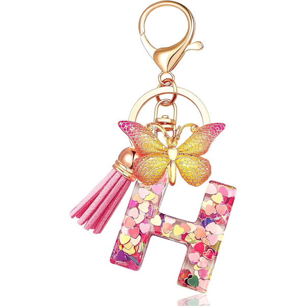Nyckelringar i form av initialer för kvinnor Tassel Butterfly Pink Purple Cute Car Keyring för plånbok Handväskor Ryggsäck A-Z Pink H
