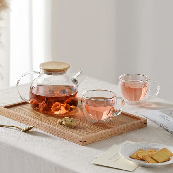 Glas tekande komfursikker med bambuslåg, 900 ml/30,4 oz gennemsigtige tekande med aftagelig si, glas tekande til løs te og blomstrende te 900ml/30.4oz 900ML/30.4OZ