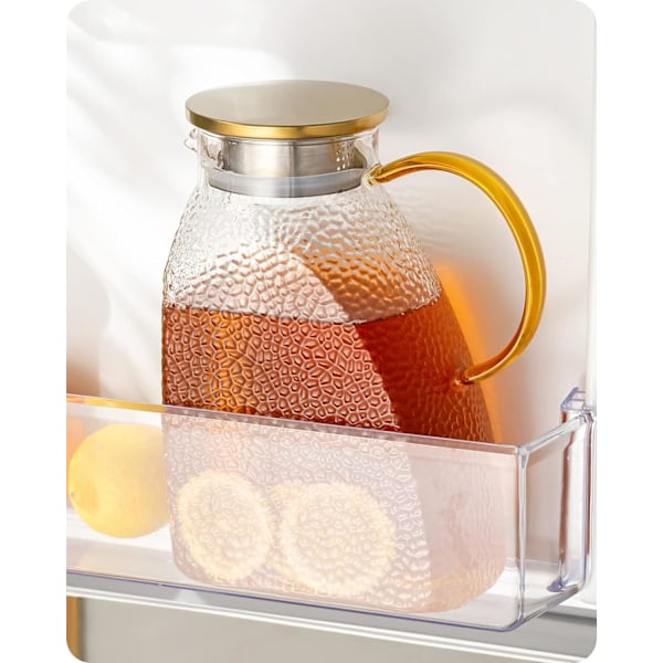 Vandkande, kande i højt borosilikatglas med låg i rustfrit stål, lækagesikker køleskabsdørkaraffel til varme eller kolde drikke (1,8 L/63 oz.) Transpa Transparent