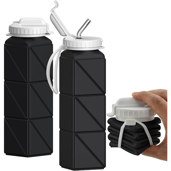 Hopfällbara Vattenflaskor, Silikon Vikbar Bärbar Vattenflaska 610ml, Lätt Vikt Återanvändbar Läcksäker för Resor Camping Vandring Cykling Yoga Black