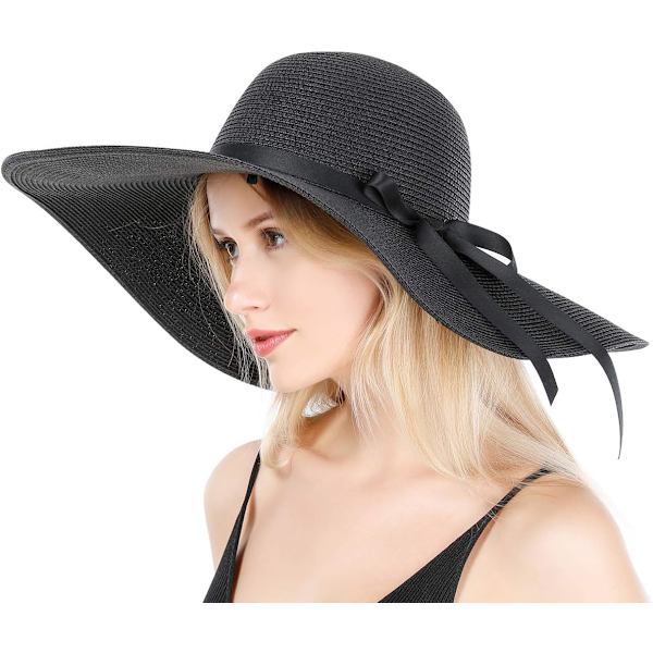 Damhatt i Halm med Bred Brätte, Vikbar, Rullbar, Strandhatt, Solhatt, UPF 50+ Style Lblack