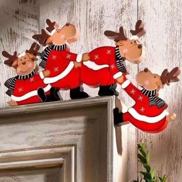 Joulun oven karmikoristeet, joulupukki, poro, enkeli jouluoven kulmakylttisisustus juhlakoristelahjaksi, punainen, neljä peuraa