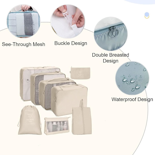 Packkuber för resväska 8 st Kompressionspackkuber för resebagage Organiseringsväskor Vattentäta resepackpåsar Reseväsentligheter Beige L