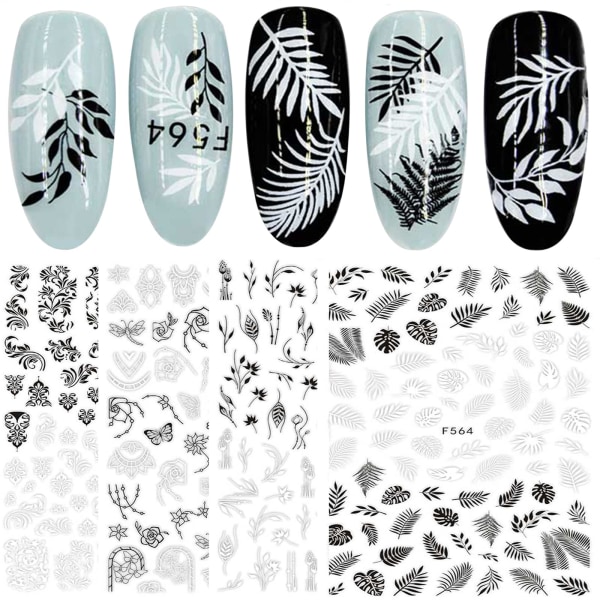 12 ark svarte hvite vårblomster neglekunstklistremerker Selvklebende blomsterblader Vintreet Geometrisk design Manikyrtips Negledekorasjon