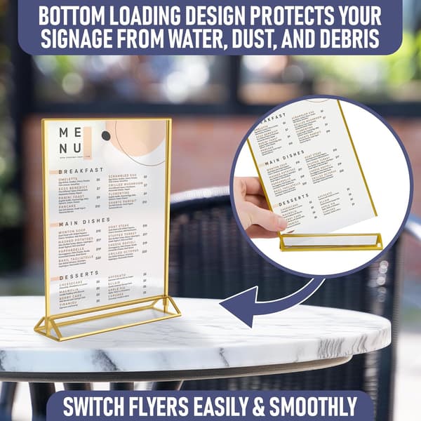 Double-Sided Gold Picture Frames - 6-Pack - A5 Acrylic Gold Table Number Holders, Clear Easel Table Stands for Signs, Gold Frames