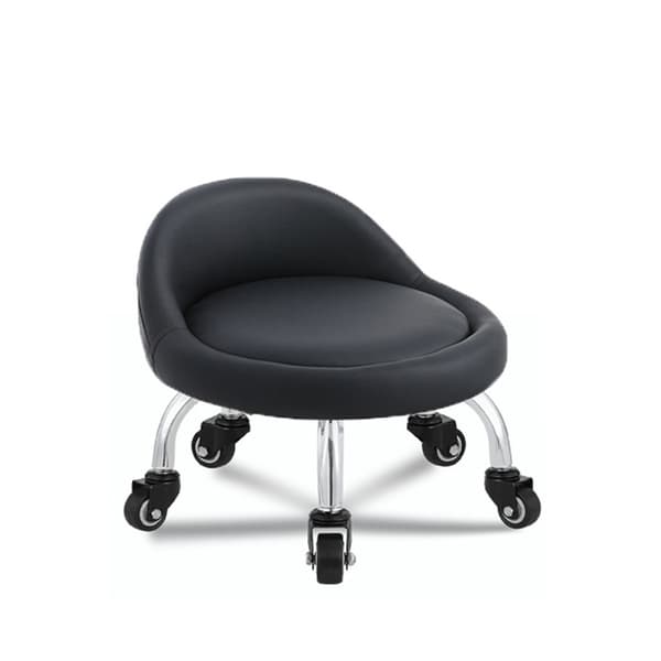 Low Stool with Wheels, Leather Metal Base, 360° Round Leather Stool with 5 Wheels for Home Office or Exercise (Black)