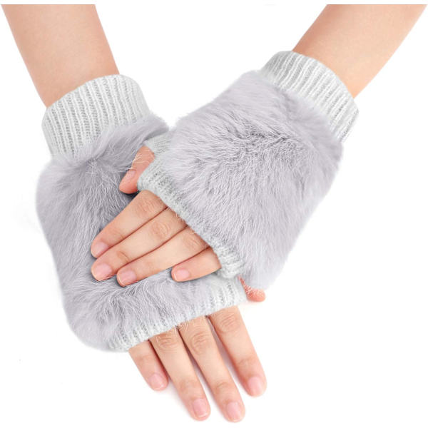 Vinterhandskar för flickor, söta tecknade djurklövar, halvfinger, tjocka & varma, mjuka plyschkorallfleece-snörehandskar Solid Light Grey