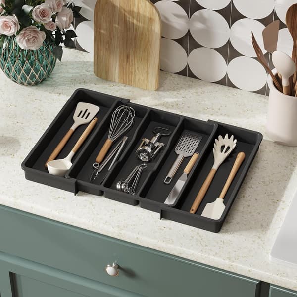 Cutlery Drawer Organizer, Expandable Large Cutlery Tray for Kitchen, Adjustable Silverware Holder, Black