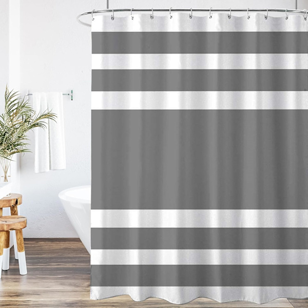 Bruseforhæng Skimmelresistent, Vandafvisende Hurtigtørrende Polyesterstof Badeforhæng med 12 Kroge, Vægtede Kant, 183x183 cm, Grå Stribet Bat Grey Stripe