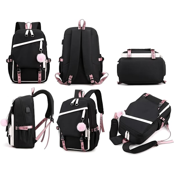 Ryggsekk for tenåringsjenter, ungdomsskoleelever, utendørs dagstursekk med USB-ladeport 5# Black 19 Liters