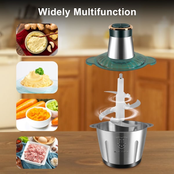 Elektrisk kjøttkvern, multifunksjonell 2-trinns mathakker med 3L rustfritt stålbeholder og kniver, 110W manuell grønnsakshakker, blender, for Green