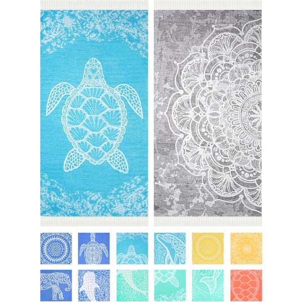 2-pack turkiska bomullsstrandhanddukar, lätta, absorberande, snabbtorkande badlakan, extra stora, sandfria strandhanddukar, strandtillbehör 2 Pack Turtle Mandala