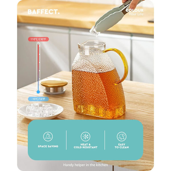 Vandkande, kande i højt borosilikatglas med låg i rustfrit stål, lækagesikker køleskabsdørkaraffel til varme eller kolde drikke (1,8 L/63 oz.) Transpa Transparent