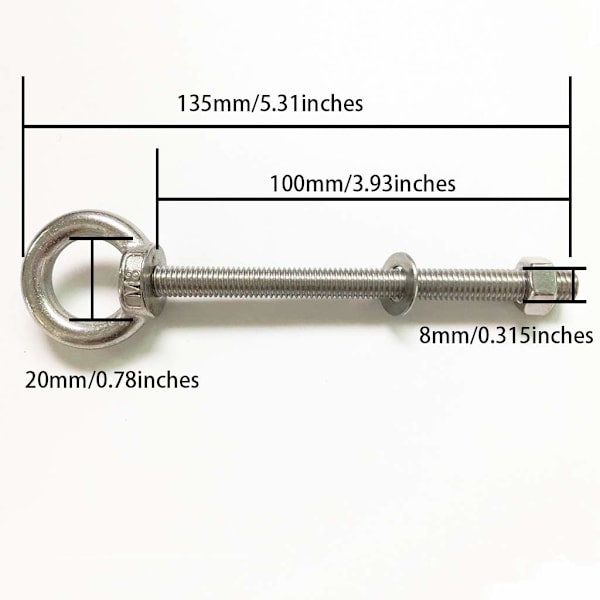 Hængekøje ophængssæt, 2 stk. 5,3 tommer hængekøge kroge rustfrit stål Heavy Duty skrue øjebolt øjeskruer med skive og møtrikker til yoga hængekøje S 2pack(m8 5.3inches)