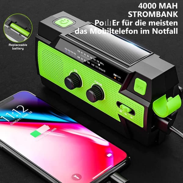 Solcellsdriven radio - bärbar vevradio - dynamoradio med LED-läge