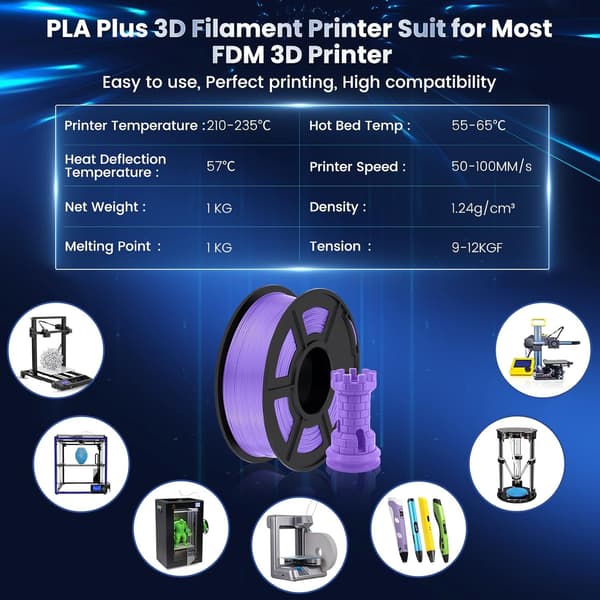 3D-printerfilament, 1,75 mm PLA+ 3D-filament, pænt viklet filament, stærkt og holdbart, 1 kg spole (2,2 lbs), lilla