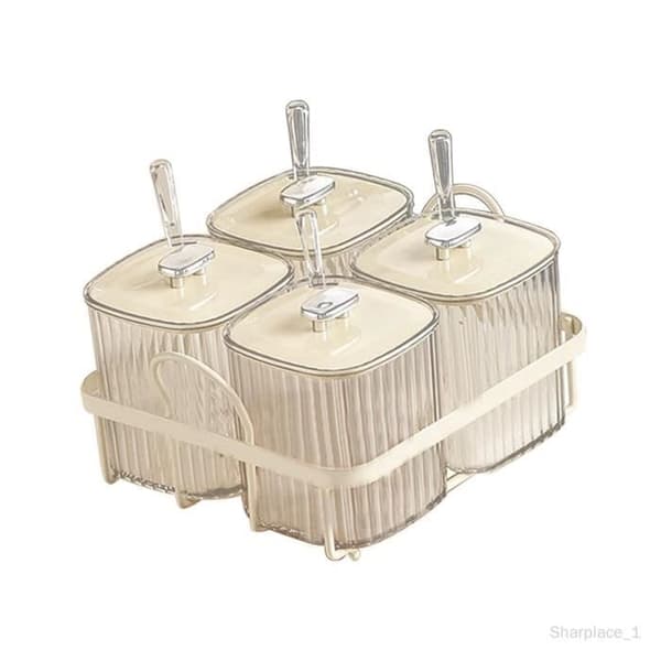 Krydderipotte - 4 rum - Med ske - Moderne design - Jern og plastik