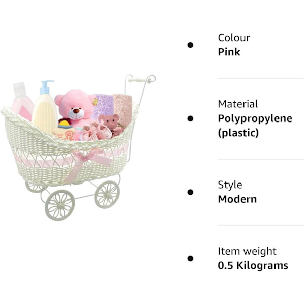 Vaaleanpunainen vauvanvaunukori leluille, jossa kahvat ja pyörät, loistava lahjaidea vauvakutsuille tai vastasyntyneelle (vaaleanpunainen) Pink