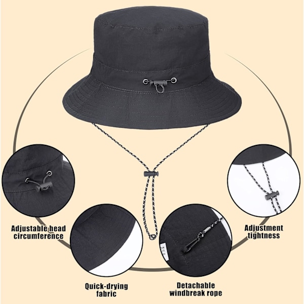 Bucket Hat, Vanntett Hat for Menn Kvinner, Bærbar Justerbar Svart Safari Hat UPF 50+, Fiskehatt Boonie Hat med Justerbar Snøring for Fotturer