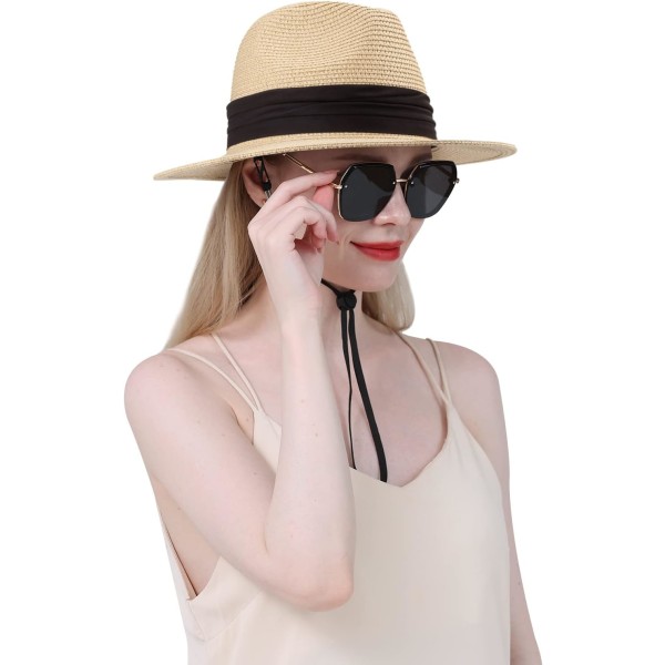 Dame Halm Panama Hat Fedora Strand Solhatt Bred Bremskjerm Halm Rull opp Hat UPF 50+ Panama Straw Hat: Beige One Size