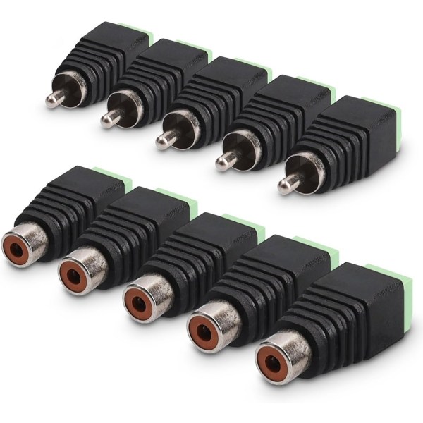 RCA-kontakt Adapterpluggsett - 5 par RCA Hunn og Hann Plugg til AV Skrueklemme Lyd/Video Kontakt Adapter - Svart med Grønn
