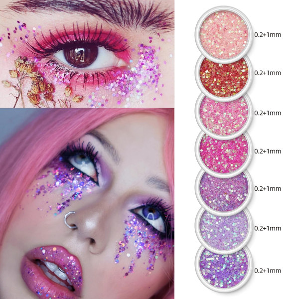 7 väriä Face Glitter - Vaaleanpunainen Purppura Kosmeettinen Glitter Chunky Glitter - Face Glitter Festival Hiusten Glitter liimalla vartalolle, hiuksille, kynsille, näyttämölle, juhlaan