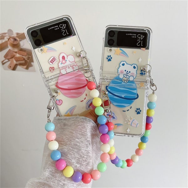 Klart etui, der er kompatibelt med Samsung Galaxy Z Flip 3, Cartoon Bear Rabbit, hårdt pc-cover med rem håndled