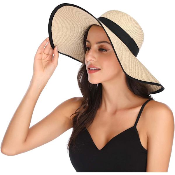 Damhatt i Halm med Bred Brätte, Vikbar, Rullbar, Strandhatt, Solhatt, UPF 50+ Style Cbeige