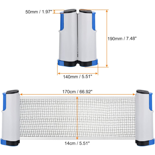 Hopfällbart pingisnätet för alla bord, bärbart 6 fot bordtennisnät och stolputrustning upp till 2 tum för familjespel Grey Blue