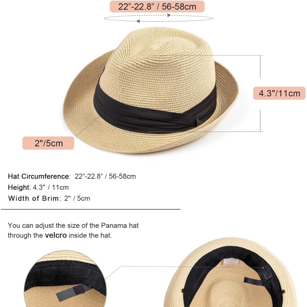 Dame Halm Panama Hat Fedora Strand Solhatt Bred Bremskjerm Halm Rull opp Hat UPF 50+ 1 Pc Short Brim: Beige F One Size