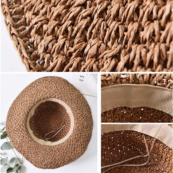 Solhatt i halm för kvinnor, damer, hopfällbar, bredbrättad, med rosett, justerbar, strandhatt, elegant hinkhatt, UPF 50 UV-skydd, bekväm Khaki One Size
