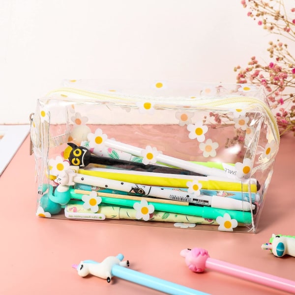 2 stk klart penalhus Stor pennetaske brevpapirpose Kosmetisk makeuptaske, gennemsigtig Hyuna Daisy Floret mønstertaske, PVC klar kosmetikpose f Yellowpink