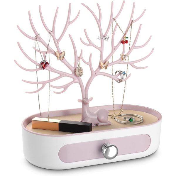 Antlers smyckesställ med låda, smyckesträd för örhängen, halsband, armband och ringar, plast, silverpläterat handtag (rosa-vit) Pinkwhite