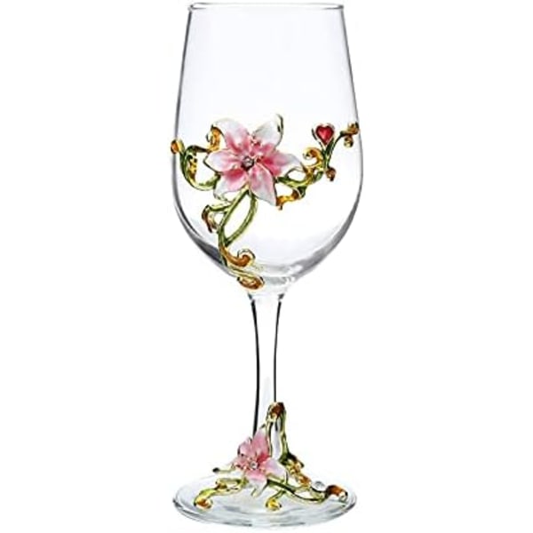 Håndmalede emaljerede blomster blyfri vinglas, 320 ml/10,8 OZ røde/hvide krystalvinglas (Pink cup lily) Pink Cup Lily